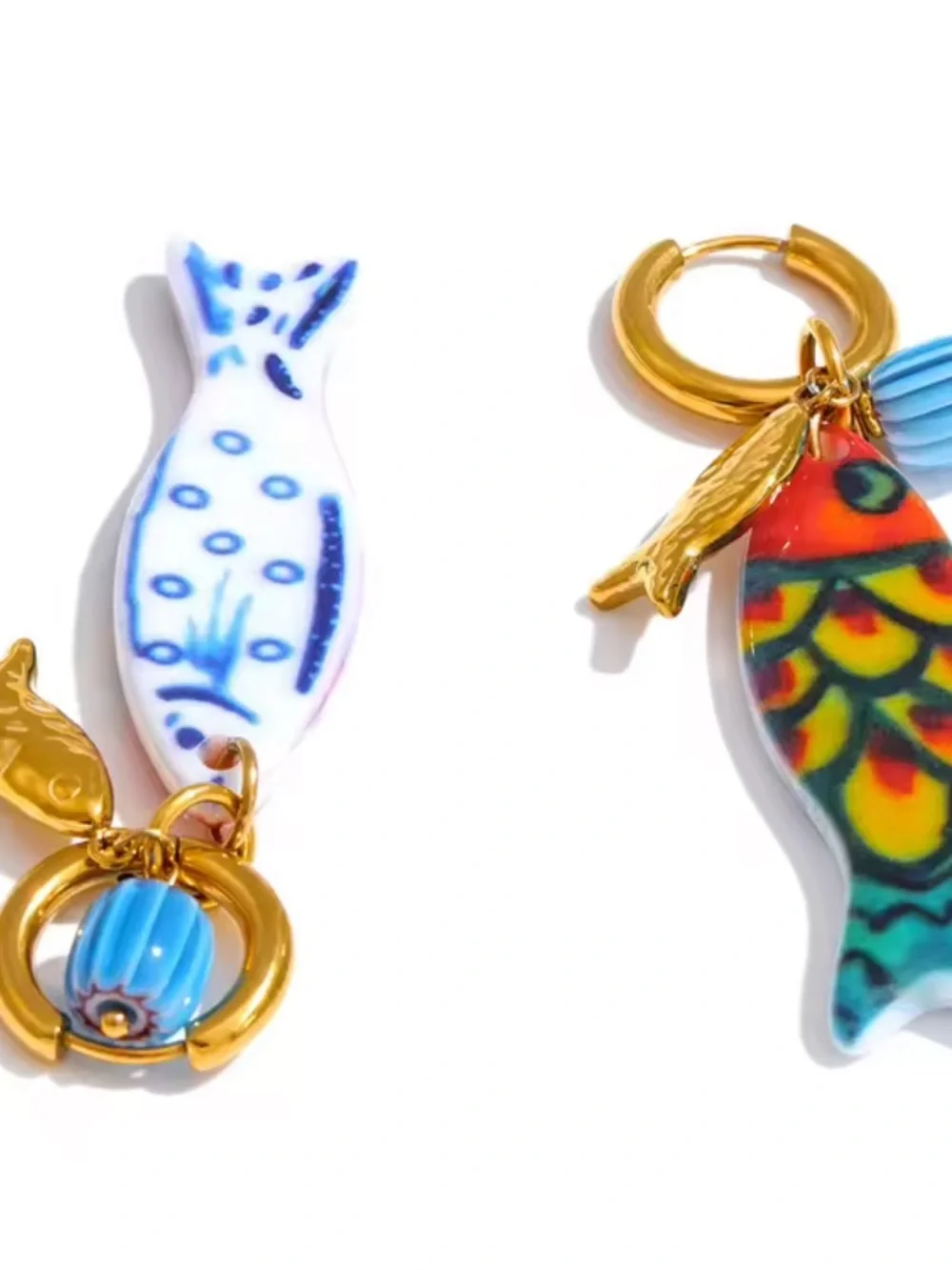 Amalfi Gold Fish Charm Blue Multicolor Ceramic Earrings
